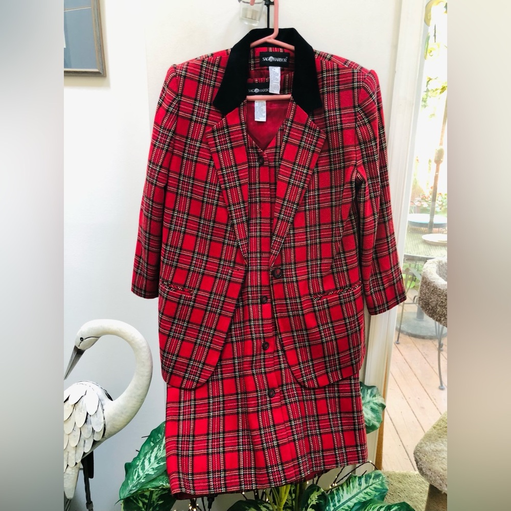 Sag Harbor Red Plaid Blazer and Skirt Set with Black Collar